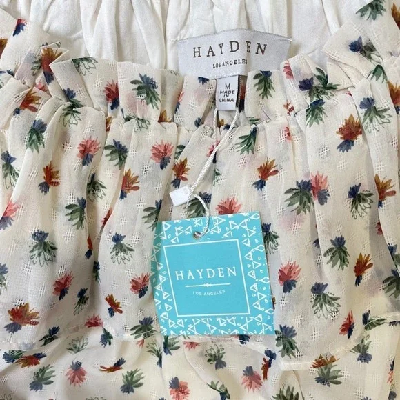 NWT Hayden Floral Cream Mini Dress Smock Ruffle Short Sleeve M Y2K Boho Whimsy - Picture 7 of 9